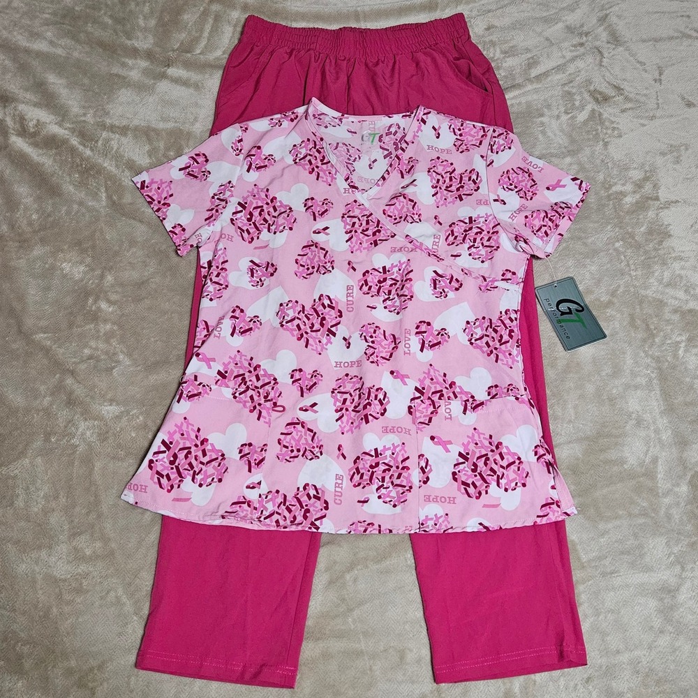 Womens Breast Cancer Awareness Scrub Set Pink Ribbon Hearts Large